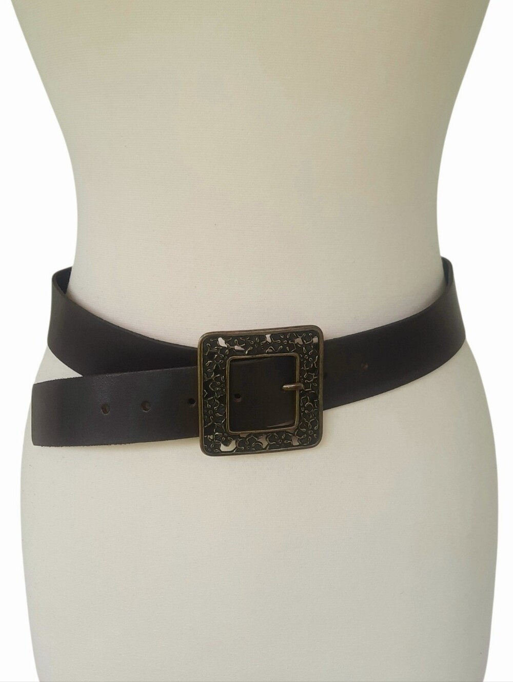 Vtg MAURICES Brown Wide Leather Belt w/Antique Brass Square Filigree Buckle Sz L